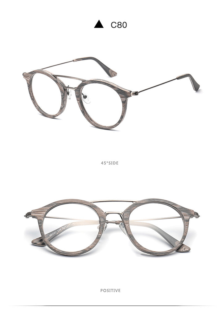 Hdcrafter Unisex Full Rim Round Wood Alloy Double Bridge Eyeglasses 4821 Full Rim Hdcrafter Eyeglasses