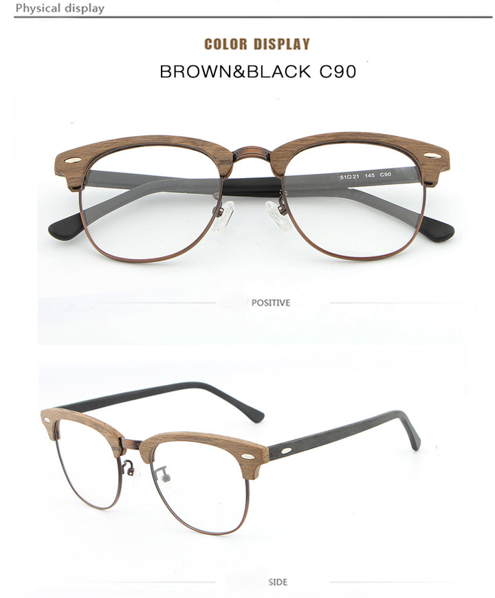 Hdcrafter Unisex Full Rim Round Half Wood Metal Frame Eyeglasses Full Rim Hdcrafter Eyeglasses