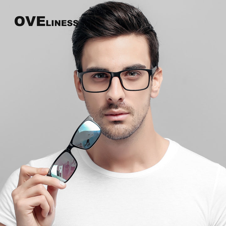 Oveliness Unisex Full Rim Square Tr 90 Titanium Eyeglasses Polarized Clip On Sunglasses 1641 With Clip Ons Oveliness