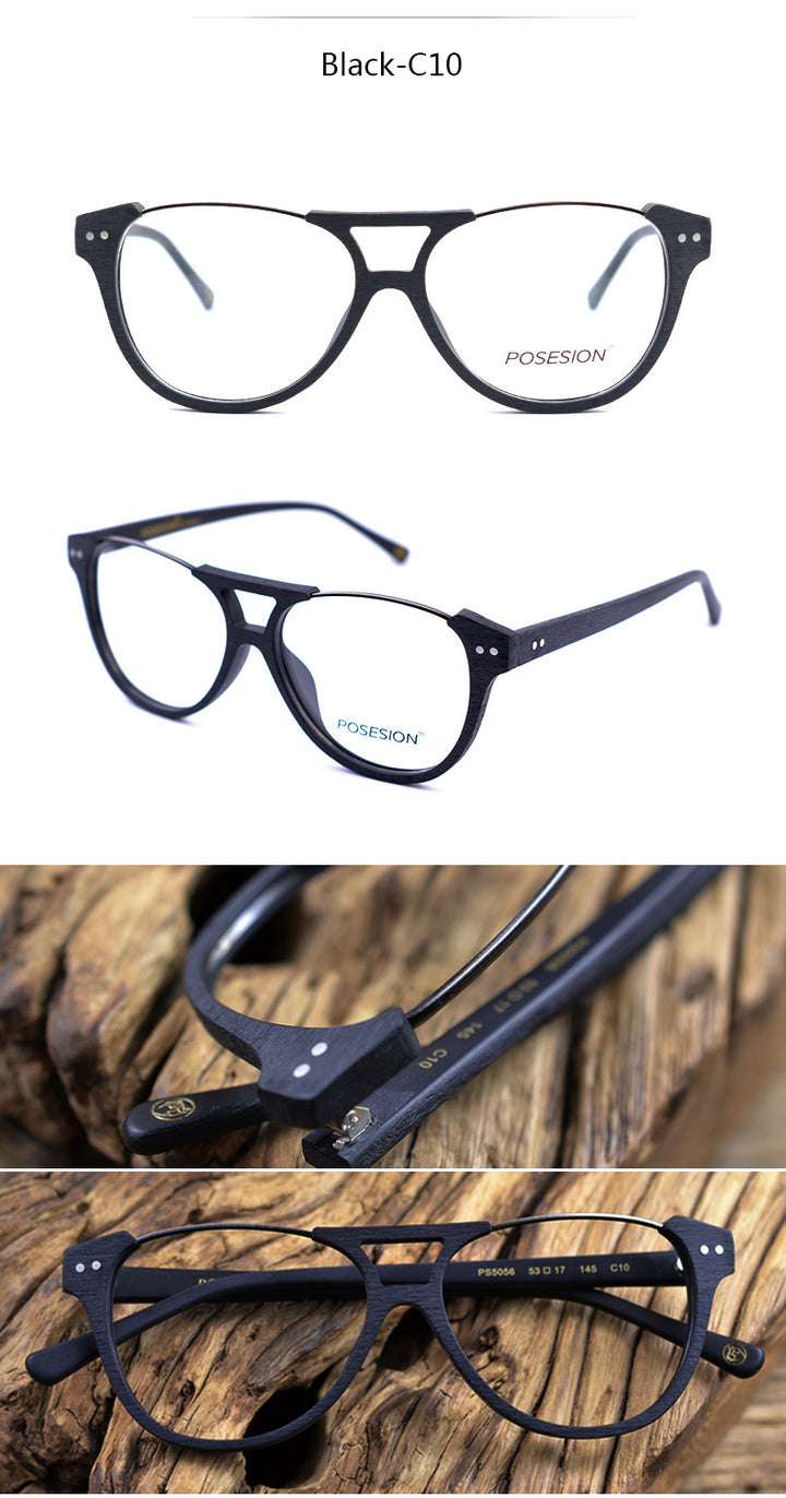 Hdcrafter Unisex Full Rim Round Double Bridge Metal Wood Frame Eyeglasses Ps5056 Full Rim Hdcrafter Eyeglasses