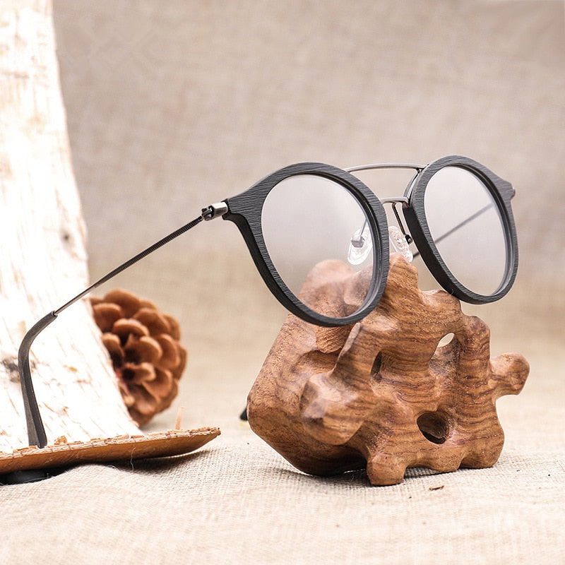 Hdcrafter Unisex Full Rim Round Wood Alloy Double Bridge Eyeglasses 4821 Full Rim Hdcrafter Eyeglasses