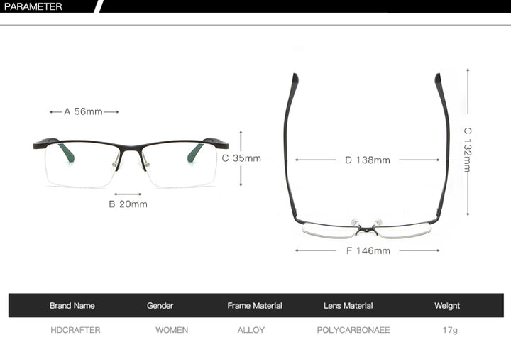 Hdcrafter Men's Semi Rim Rectangle Alloy Frame Eyeglasses Lp6236 Semi Rim Hdcrafter Eyeglasses