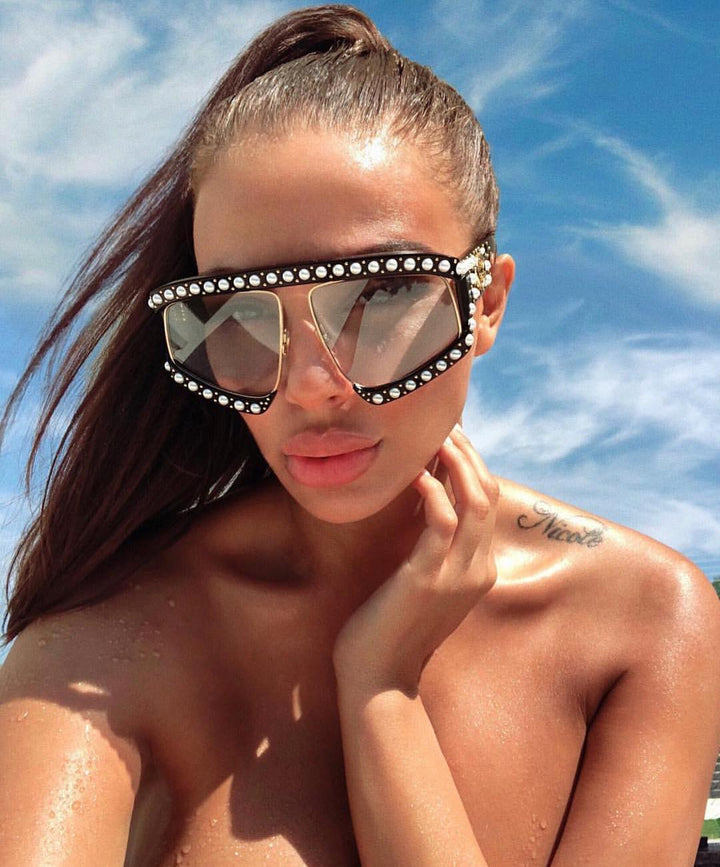 CCspace Women's Full Rim Resin Goggle Frame Pearl Oversized Sunglasses 45448 Sunglasses CCspace Sunglasses