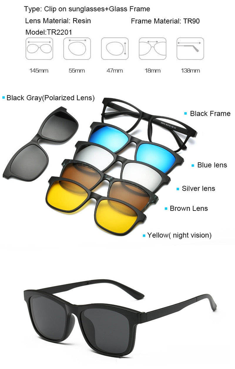 Brightzone Men's Full Rim Square Tr 90 Eyeglasses With Clip On Polarized Sunglasses Sb31 Full Rim Brightzone TR2201