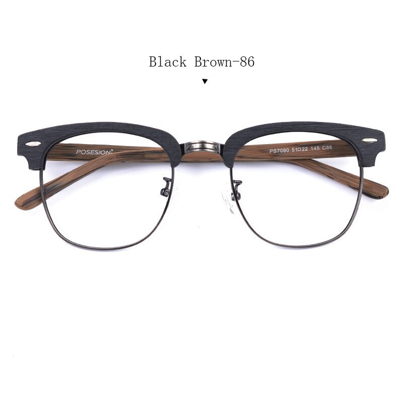 Hdcrafter Unisex Full Rim Round Metal Wood Frame Eyeglasses Ps7090 Full Rim Hdcrafter Eyeglasses Black Brown