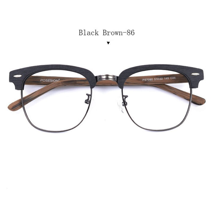 Hdcrafter Unisex Full Rim Round Metal Wood Frame Eyeglasses Ps7090 Full Rim Hdcrafter Eyeglasses Black Brown