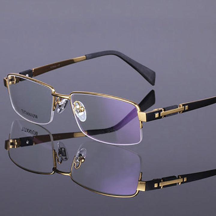 Hotochki Men's Semi Rim Rectangle Titanium Acetate Wood Eyeglasses 8001 Semi Rim Hotochki