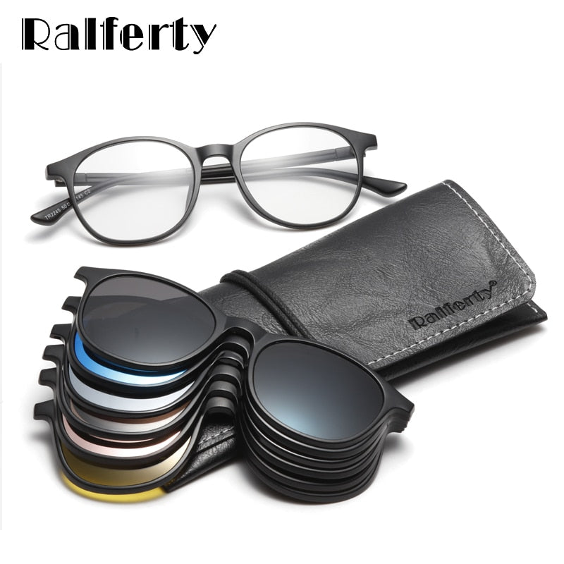 Ralferty 6 In 1 Magnet Sunglasses Women Polarized Eyeglass Frame With Clip On Glasses Men Round Uv400 Tr90 3D Yellow A2245 With Clip Ons Ralferty