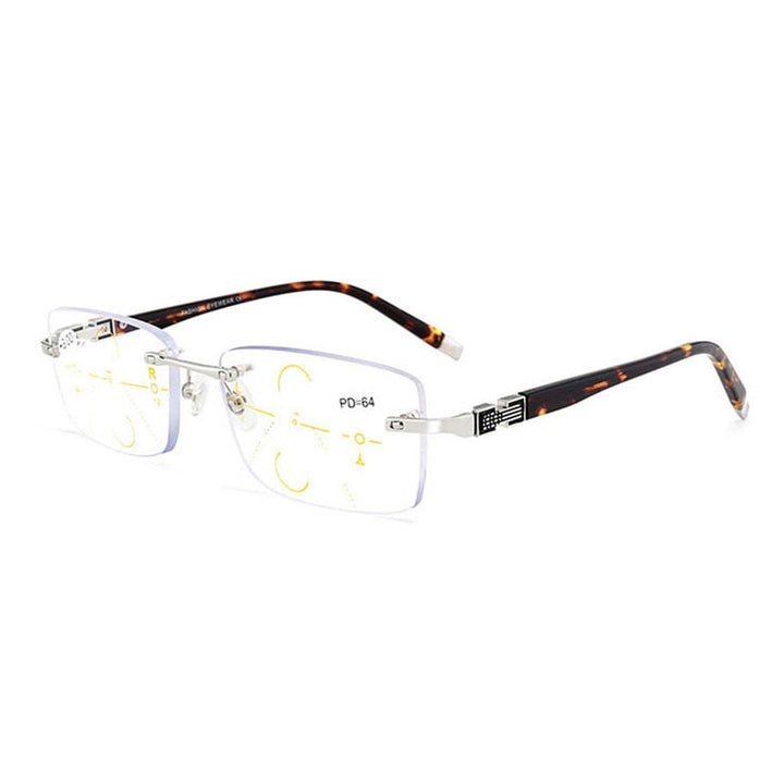 Hotochki Men's Rimless Titanium Alloy Frame Progressive Reading Glasses Anti Blue Light 656 Reading Glasses Hotochki +100 Silver