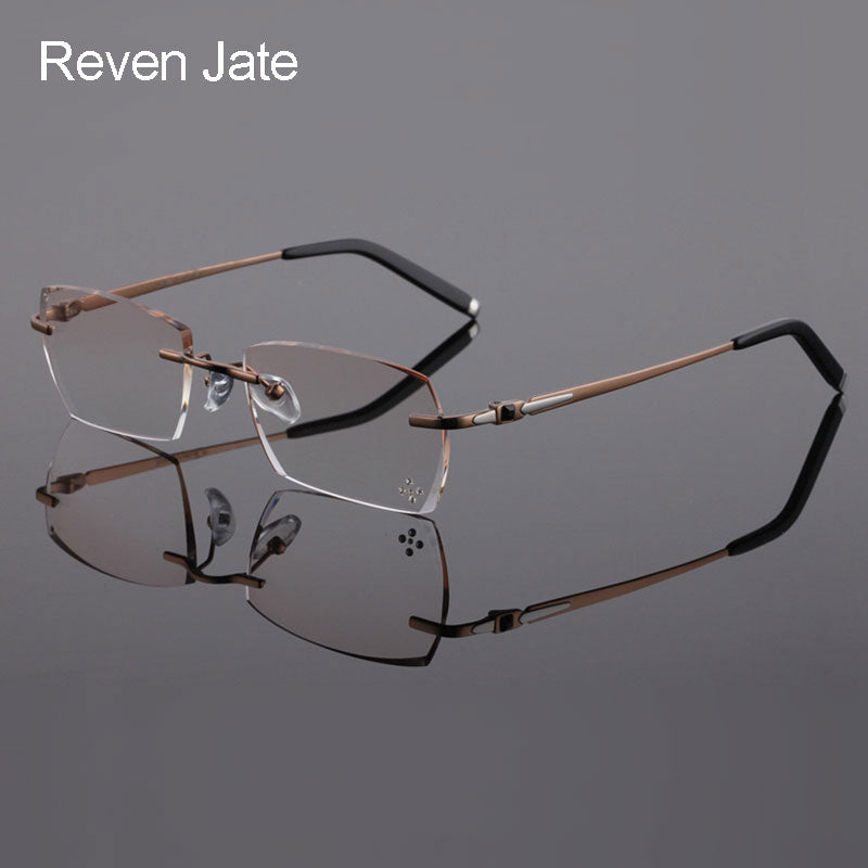 Reven Jate 611 Pure Titanium Rimless Diamond Cutting Glasses Frame Eyeglasses Men Brown Rimless Reven Jate
