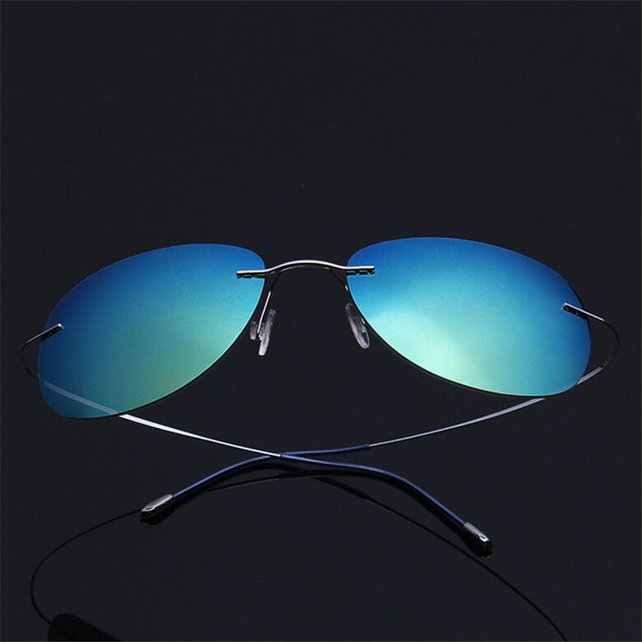 Brightzone Men's Sunglasses Oval Titanium Rimless Polarized 1258 Rimless Brightzone Silver Blue Green