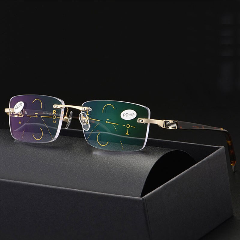 Hotochki Men's Rimless Titanium Alloy Frame Progressive Reading Glasses Anti Blue Light 656 Reading Glasses Hotochki