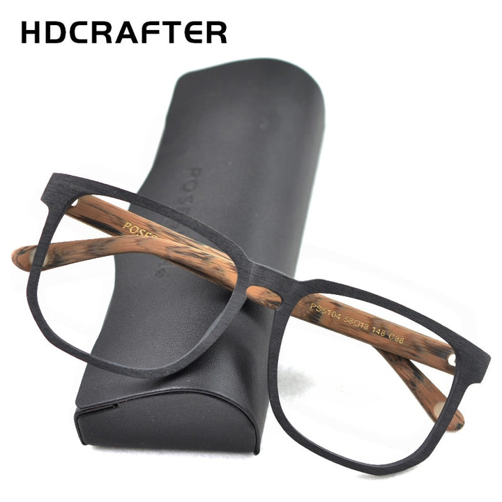 Hdcrafter Unisex Oversized Square Round Wood Frame Eyeglasses Ps5104 Full Rim Hdcrafter Eyeglasses