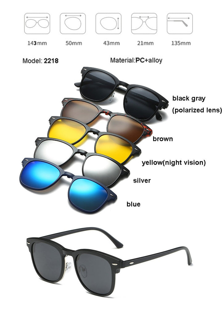 Unisex 5 Piece Clip On Sunglasses Polarized Magnetic Eyeglasses Sn2201-32 Clip On Sunglasses Brightzone 2218  