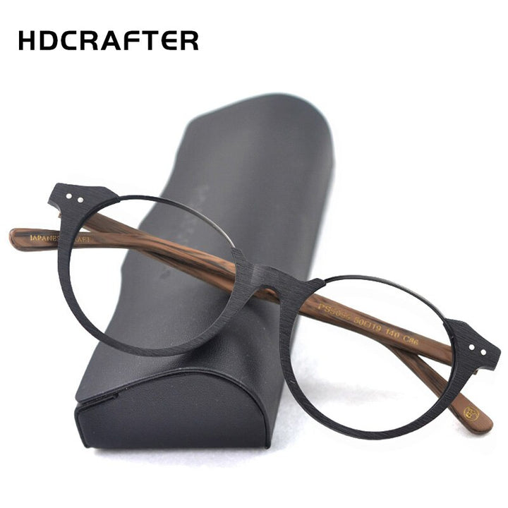 Hdcrafter Unisex Full Rim Round Metal Wood Frame Eyeglasses Ps5059 Full Rim Hdcrafter Eyeglasses   