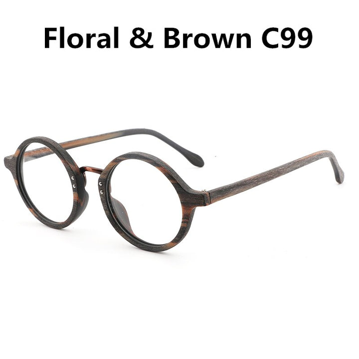 Hdcrafter Unisex Full Rim Round Wood Frame Eyeglasses Lhb028 Full Rim Hdcrafter Eyeglasses floral brown C99