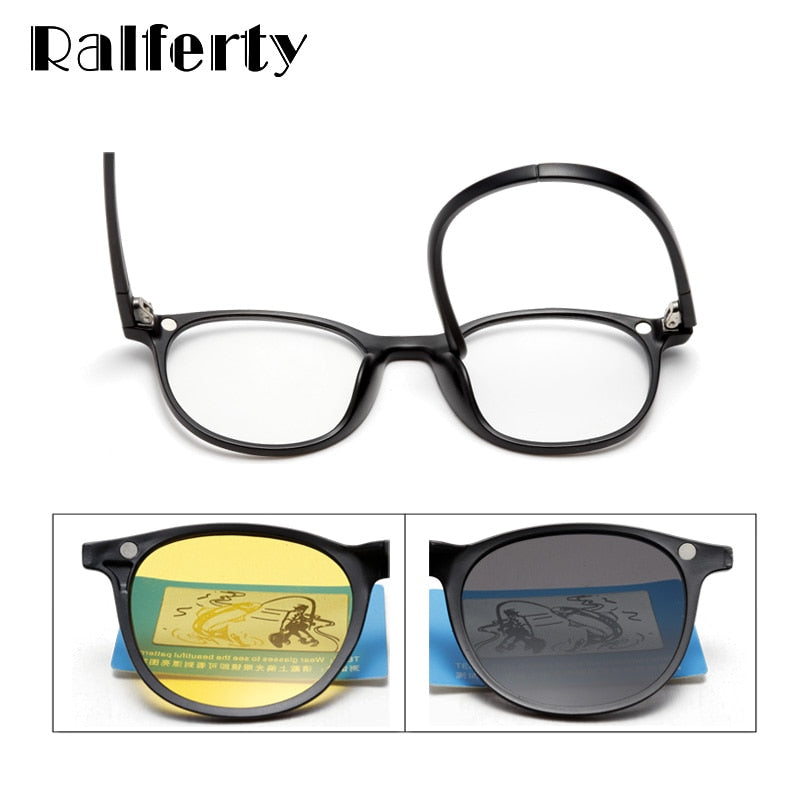 Ralferty 6 In 1 Magnet Sunglasses Women Polarized Eyeglass Frame With Clip On Glasses Men Round Uv400 Tr90 3D Yellow A2245 With Clip Ons Ralferty