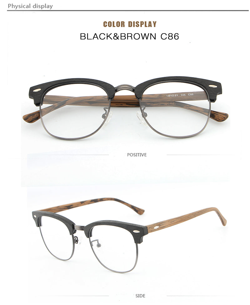 Hdcrafter Unisex Full Rim Round Half Wood Metal Frame Eyeglasses Full Rim Hdcrafter Eyeglasses   