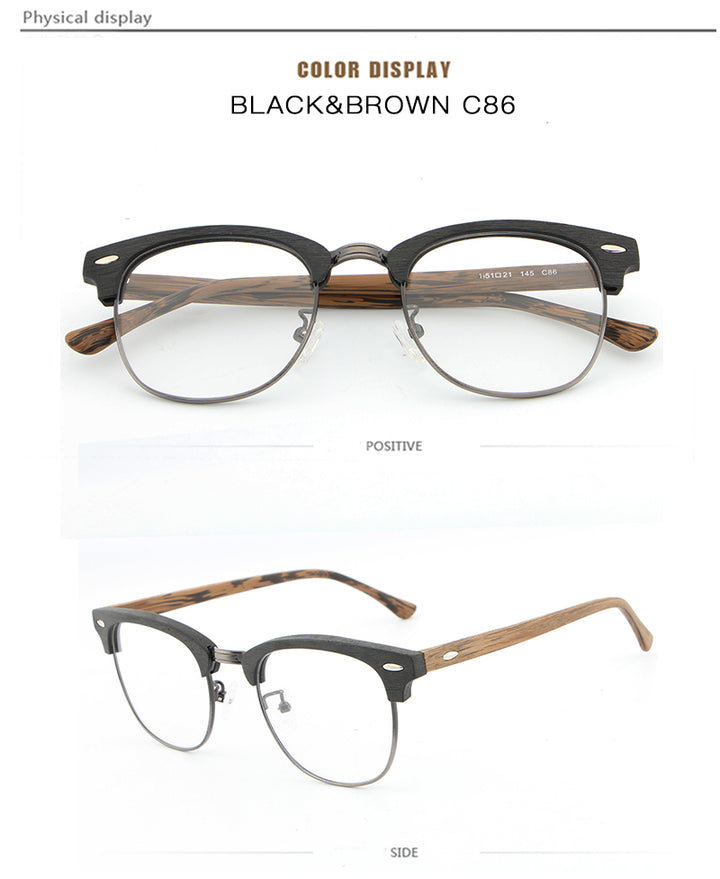 Hdcrafter Unisex Full Rim Round Half Wood Metal Frame Eyeglasses Full Rim Hdcrafter Eyeglasses