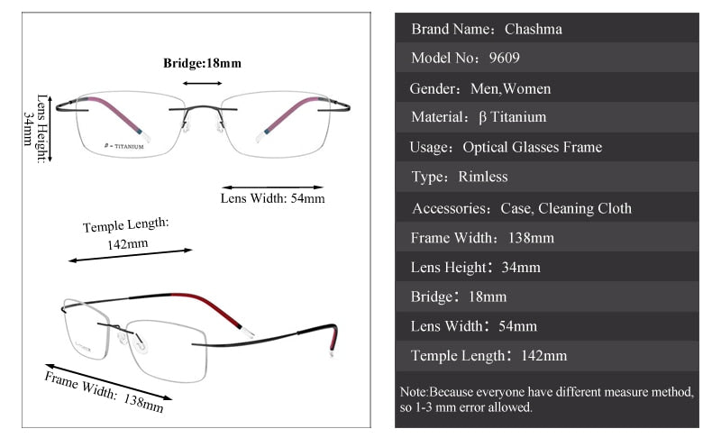 Chashma Ochki Unisex Rimless Square Titanium Eyeglasses 9609 Rimless Chashma Ochki
