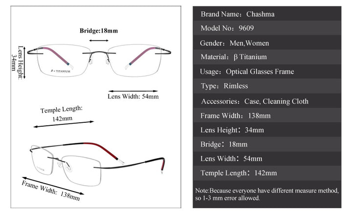 Chashma Ochki Unisex Rimless Square Titanium Eyeglasses 9609 Rimless Chashma Ochki