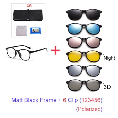 Ralferty 6 In 1 Magnet Sunglasses Women Polarized Eyeglass Frame With Clip On Glasses Men Round Uv400 Tr90 3D Yellow A2245 With Clip Ons Ralferty 1Frame 6 Clip 123456
