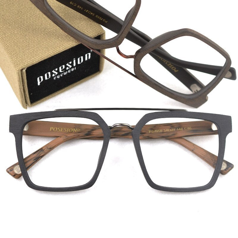 Hdcrafter Men's Eyeglasses Wooden Square Frame Ps7050 Full Rim Hdcrafter Eyeglasses