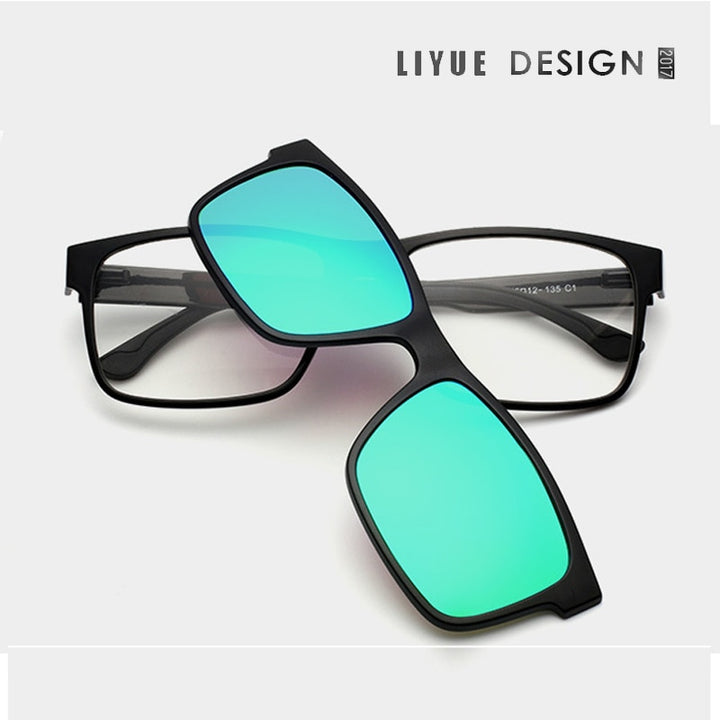 Oveliness Unisex Full Rim Square Tr 90 Titanium Eyeglasses Polarized Clip On Sunglasses 1641 Clip On Sunglasses Oveliness black green  