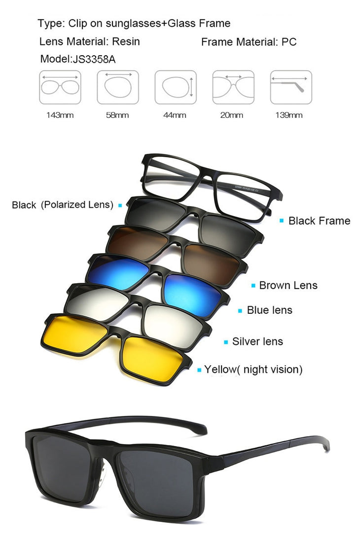 Unisex 5 Piece Clip On Sunglasses Polarized Magnetic Eyeglasses Js3356a Clip On Sunglasses Brightzone JS3358A-2258A  