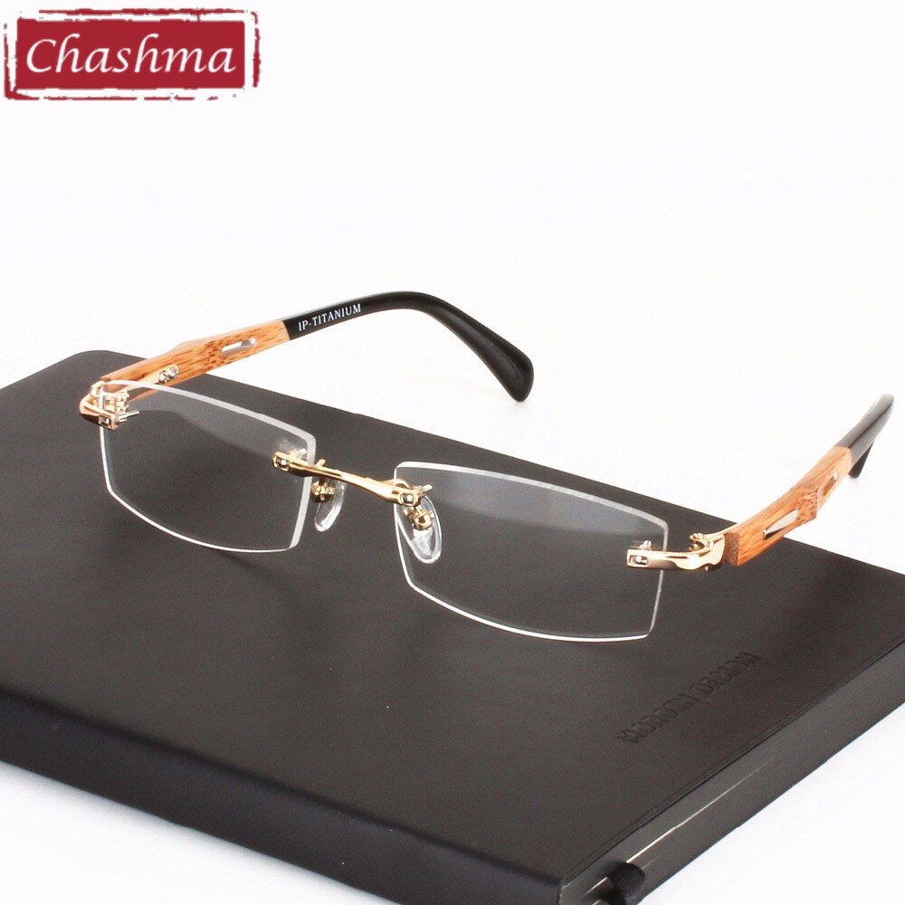 Chashma Men's Rimless Square Titanium Bamboo Eyeglasses R866 Rimless Chashma