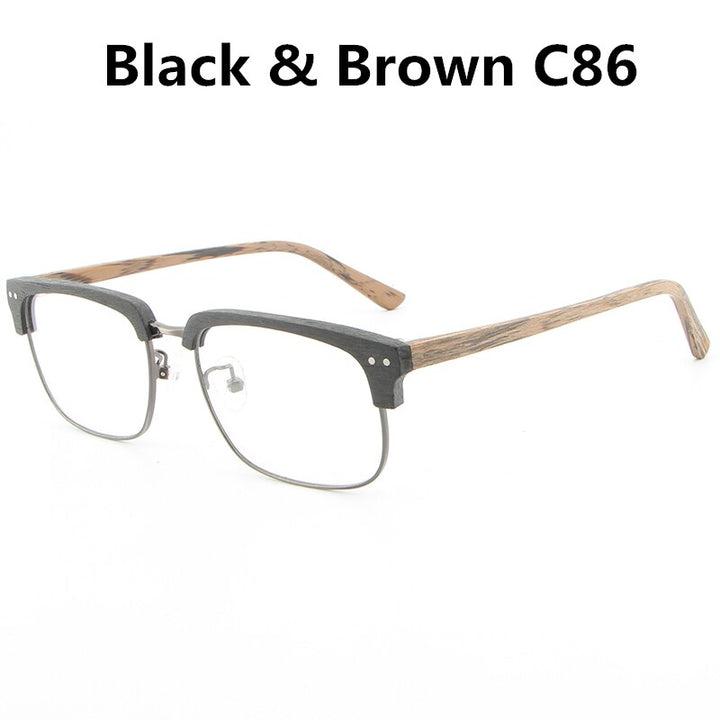 Hdcrafter Unisex Full Rim Square Wood Metal Frame Eyeglasses Lhb026 Full Rim Hdcrafter Eyeglasses black brown C86