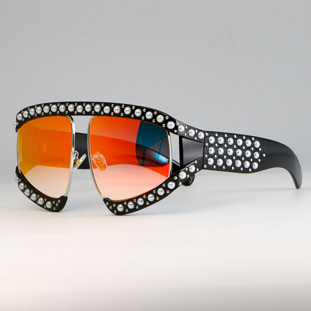 CCspace Women's Full Rim Resin Goggle Frame Pearl Oversized Sunglasses 45448 Sunglasses CCspace Sunglasses C4 black red mirror