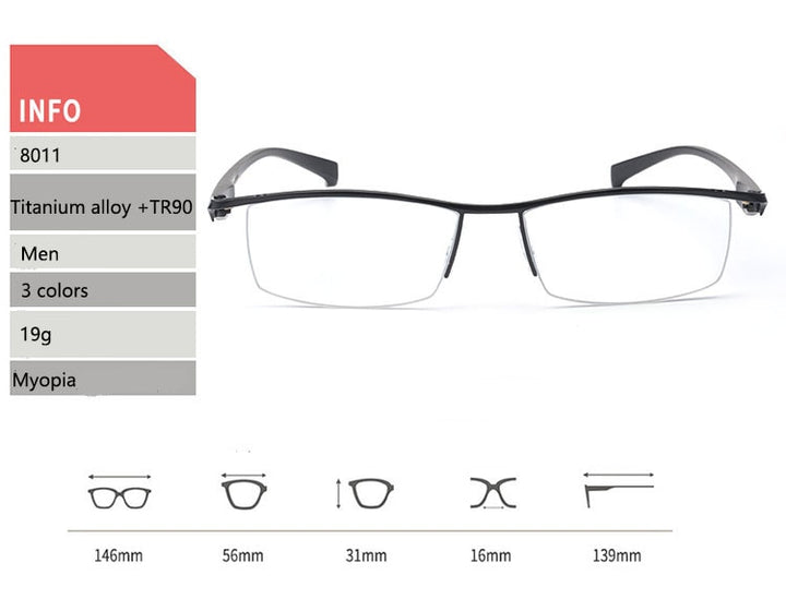 Men's Half Rim Titanium Frame Eyeglasses Photochromic P8011 Semi Rim Bclear
