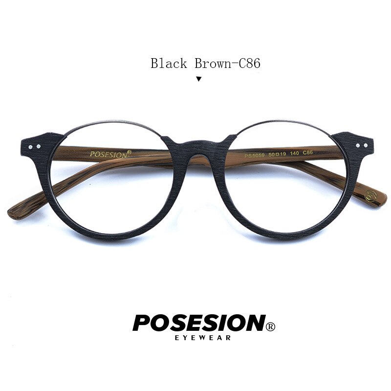 Hdcrafter Unisex Full Rim Round Metal Wood Frame Eyeglasses Ps5059 Full Rim Hdcrafter Eyeglasses Black Brown