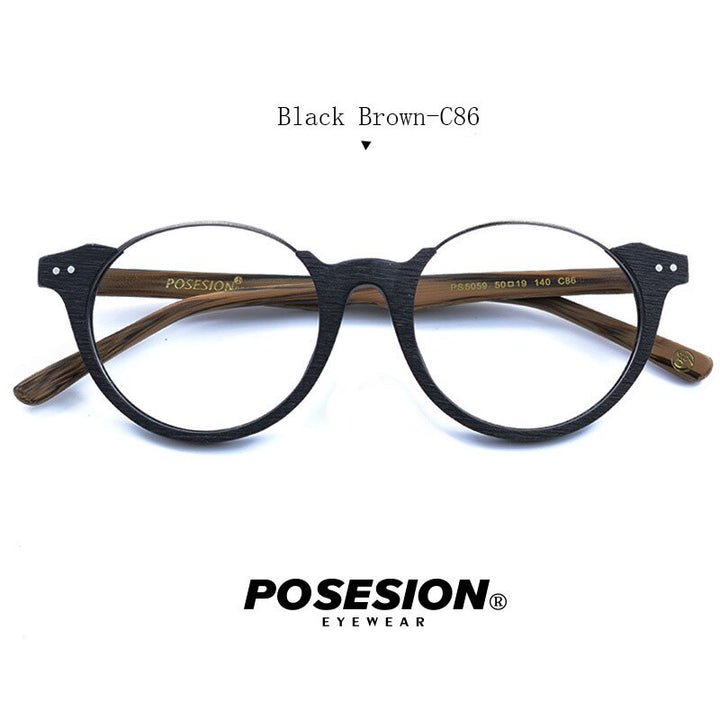 Hdcrafter Unisex Full Rim Round Metal Wood Frame Eyeglasses Ps5059 Full Rim Hdcrafter Eyeglasses Black Brown