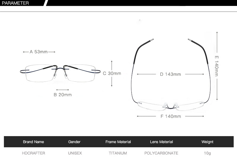 Hdcrafter Rimless Rectangle Titanium Frame Eyeglasses Unisex Rimless Hdcrafter Eyeglasses