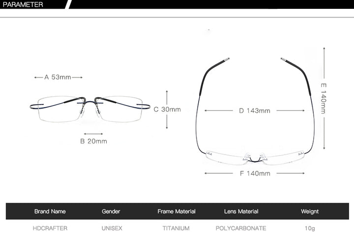 Hdcrafter Rimless Rectangle Titanium Frame Eyeglasses Unisex Rimless Hdcrafter Eyeglasses
