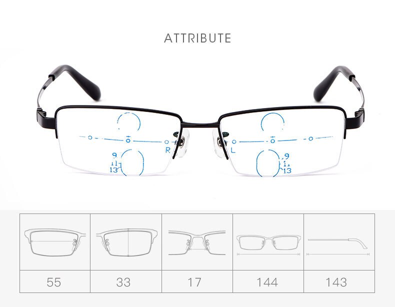 Hotochki Men's Semi Rim Titanium Frame Progressive Lens Reading Glasses Anti Blue Light 1688 Reading Glasses Hotochki
