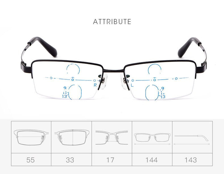 Hotochki Men's Semi Rim Titanium Frame Progressive Lens Reading Glasses Anti Blue Light 1688 Reading Glasses Hotochki