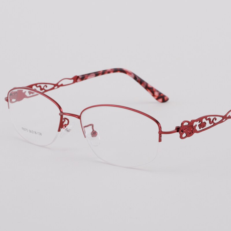Women's Half Rim Hollow Alloy Frame Eyeglasses 6075 Semi Rim Bclear Red