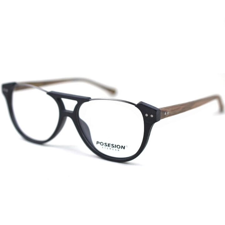 Hdcrafter Unisex Full Rim Round Double Bridge Metal Wood Frame Eyeglasses Ps5056 Full Rim Hdcrafter Eyeglasses   