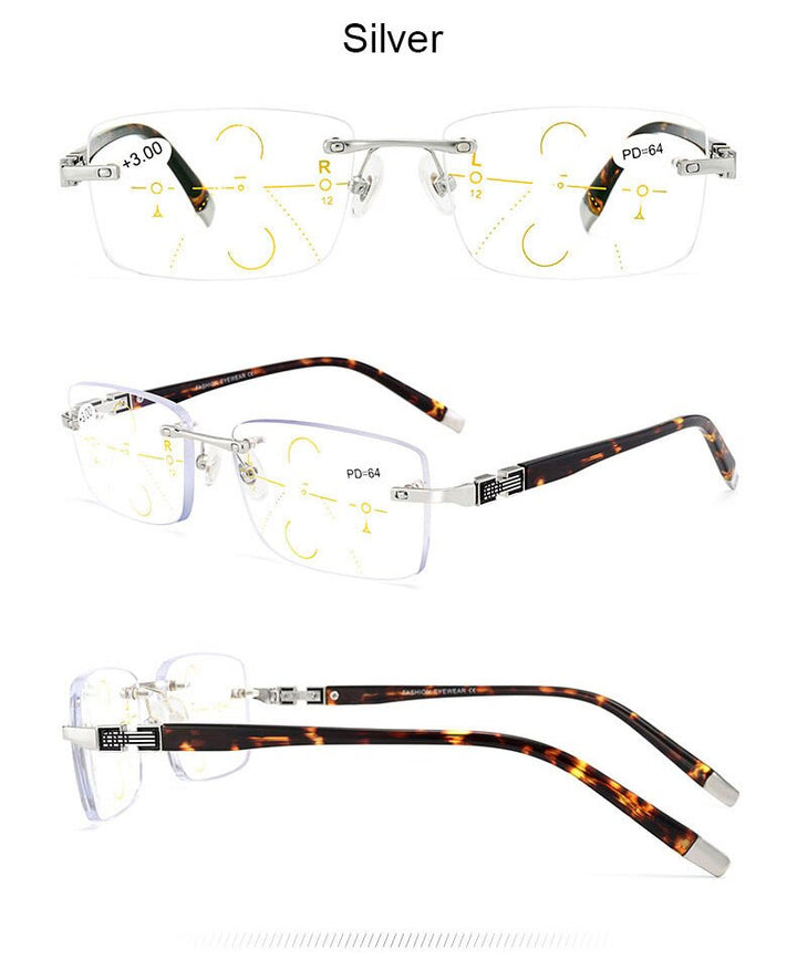 Hotochki Men's Rimless Titanium Alloy Frame Progressive Reading Glasses Anti Blue Light 656 Reading Glasses Hotochki