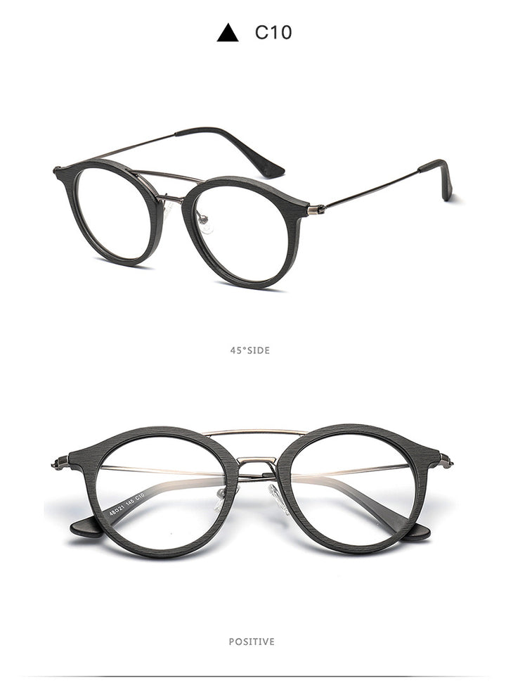 Hdcrafter Unisex Full Rim Round Wood Alloy Double Bridge Eyeglasses 4821 Full Rim Hdcrafter Eyeglasses