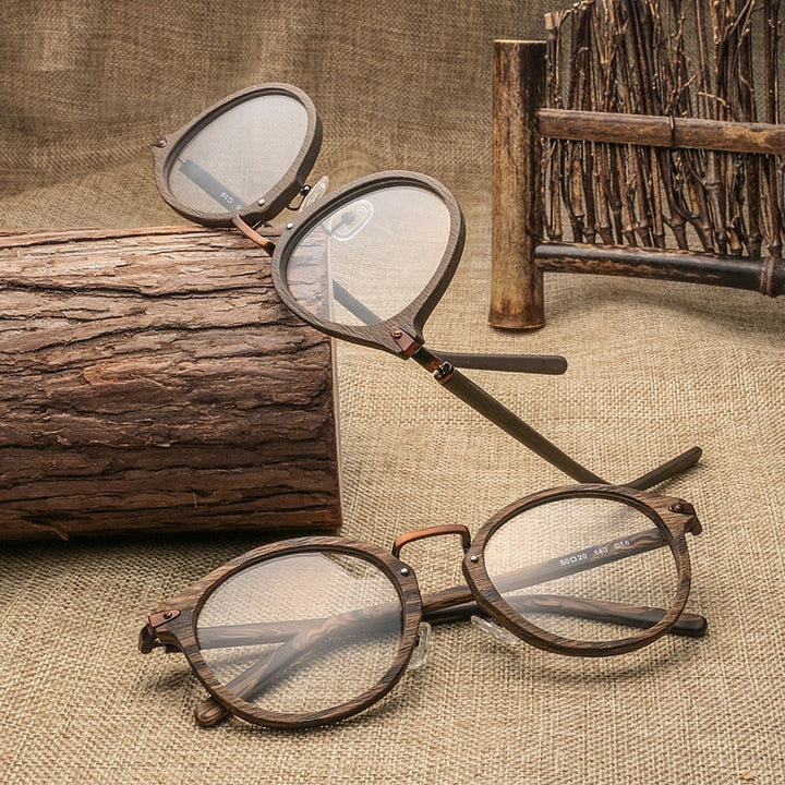 Hdcrafter Unisex Full Rim Round Acetate Eyeglasses Acetate Round Wood Grain Bc06 Full Rim Hdcrafter Eyeglasses