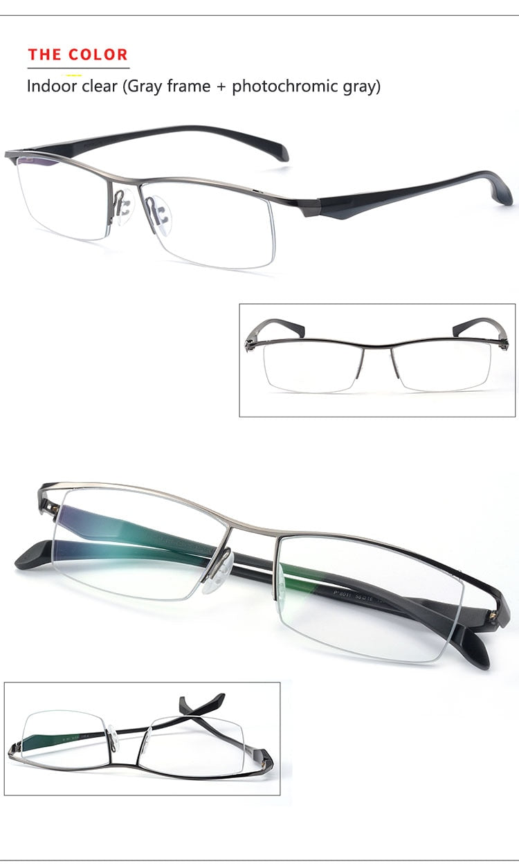 Men's Half Rim Titanium Frame Eyeglasses Photochromic P8011 Semi Rim Bclear