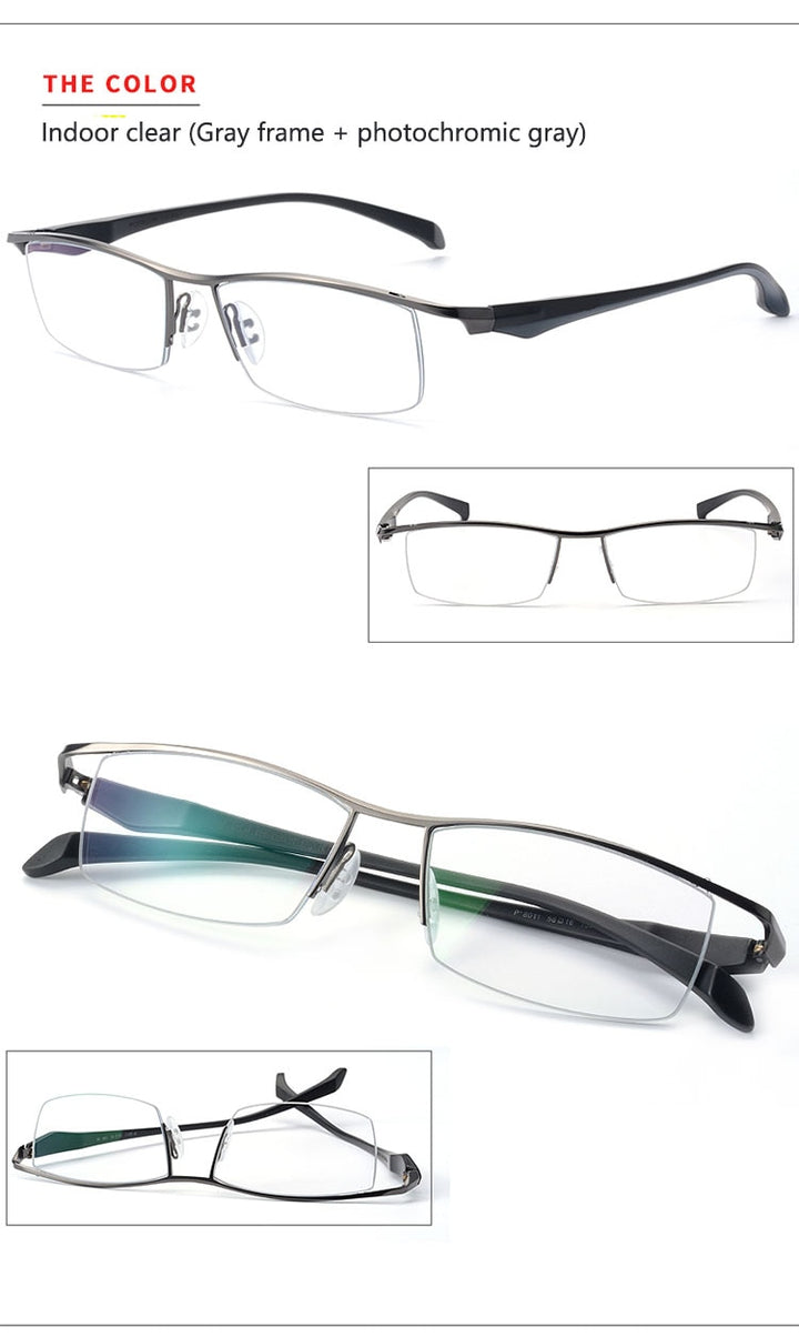 Men's Half Rim Titanium Frame Eyeglasses Photochromic P8011 Semi Rim Bclear