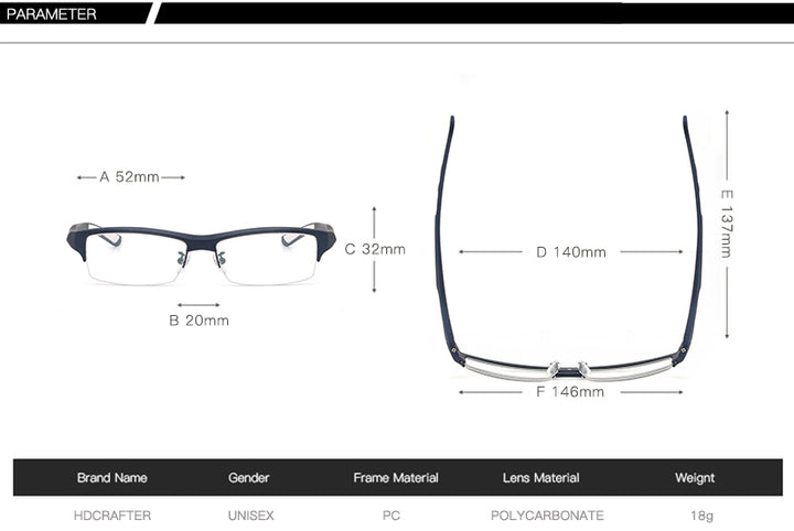 Hdcrafter Men's TR 90 Rectangle Semi Rim Frame Eyeglasses L1077 Semi Rim Hdcrafter Eyeglasses