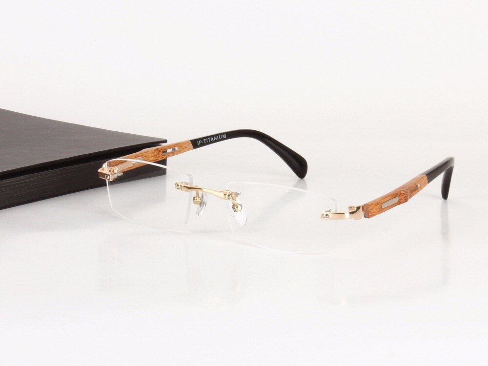 Chashma Men's Rimless Square Titanium Bamboo Eyeglasses R866 Rimless Chashma Gold