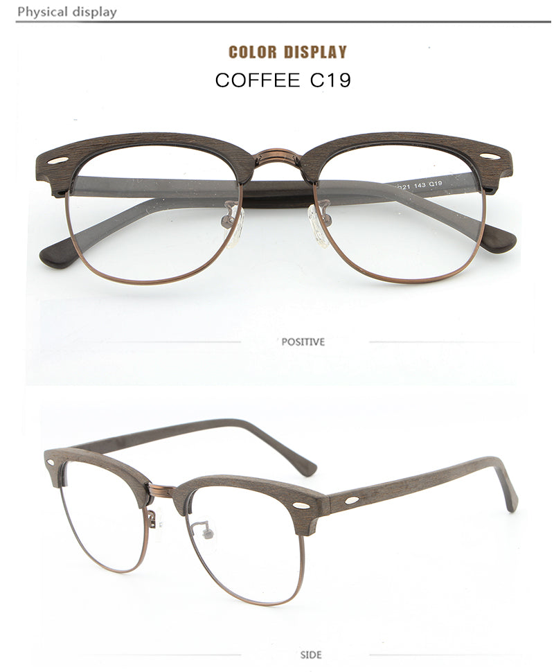Hdcrafter Unisex Full Rim Round Half Wood Metal Frame Eyeglasses Full Rim Hdcrafter Eyeglasses