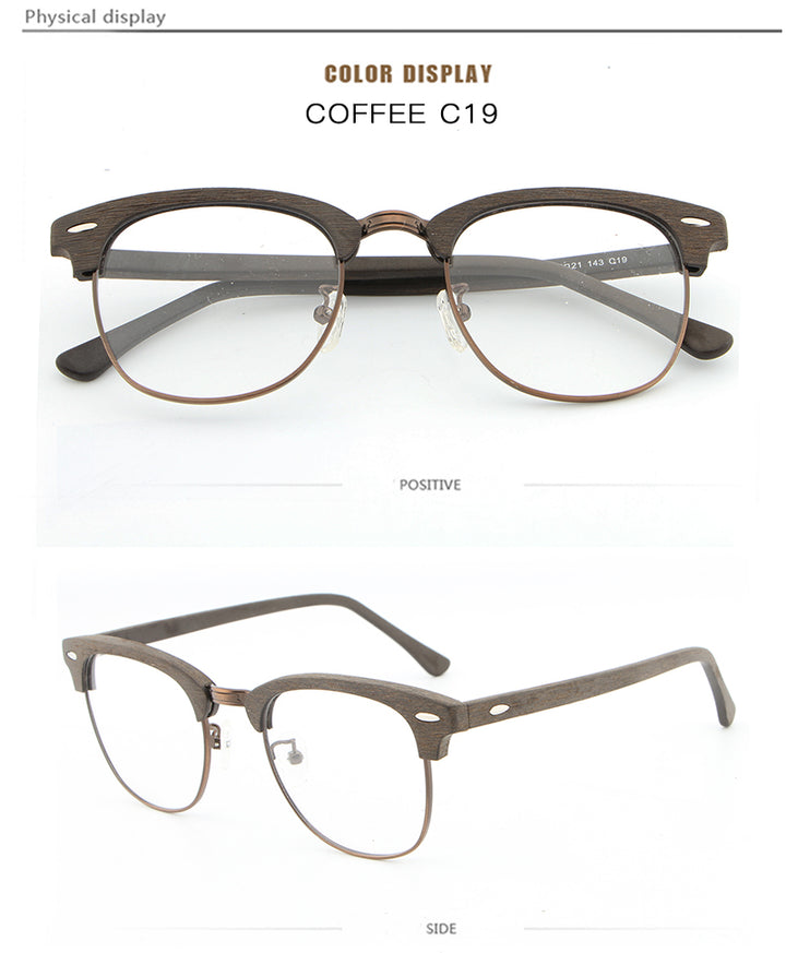 Hdcrafter Unisex Full Rim Round Half Wood Metal Frame Eyeglasses Full Rim Hdcrafter Eyeglasses